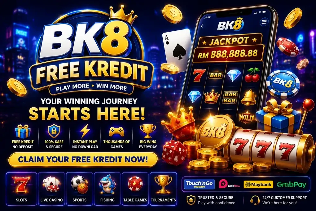 BK8 Free Kredit — your winning journey starts here, phone screen showing a jackpot of RM 888,888.88 on a slot game, with icons for no-deposit free kredit, 100% safe and secure, instant play, thousands of games, and big wins every day