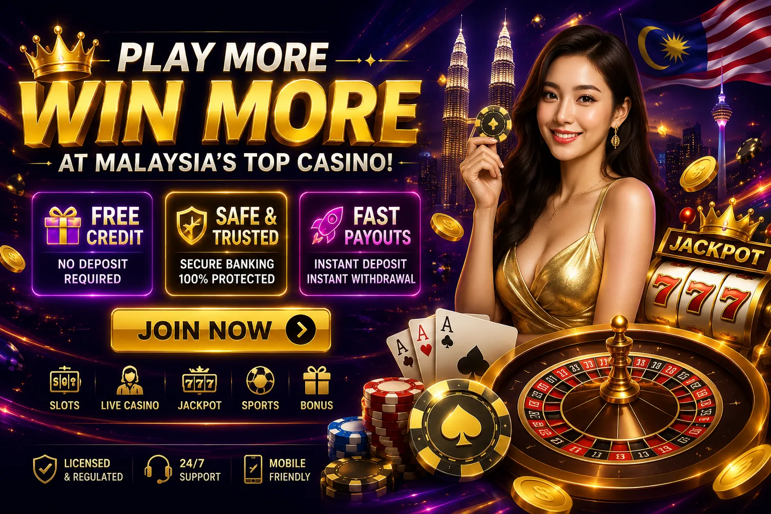 Play More, Win More casino promotion for Malaysia featuring free credit, secure banking, fast payouts, slots, live casino, jackpot, sports and bonuses